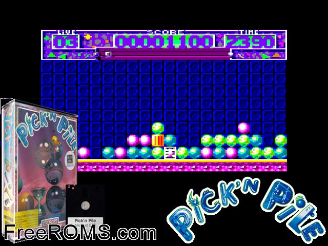 Pick 'n' Pile (UK) (1990) [a1] Amstrad CPC game showing 3D box cover and gameplay screenshot